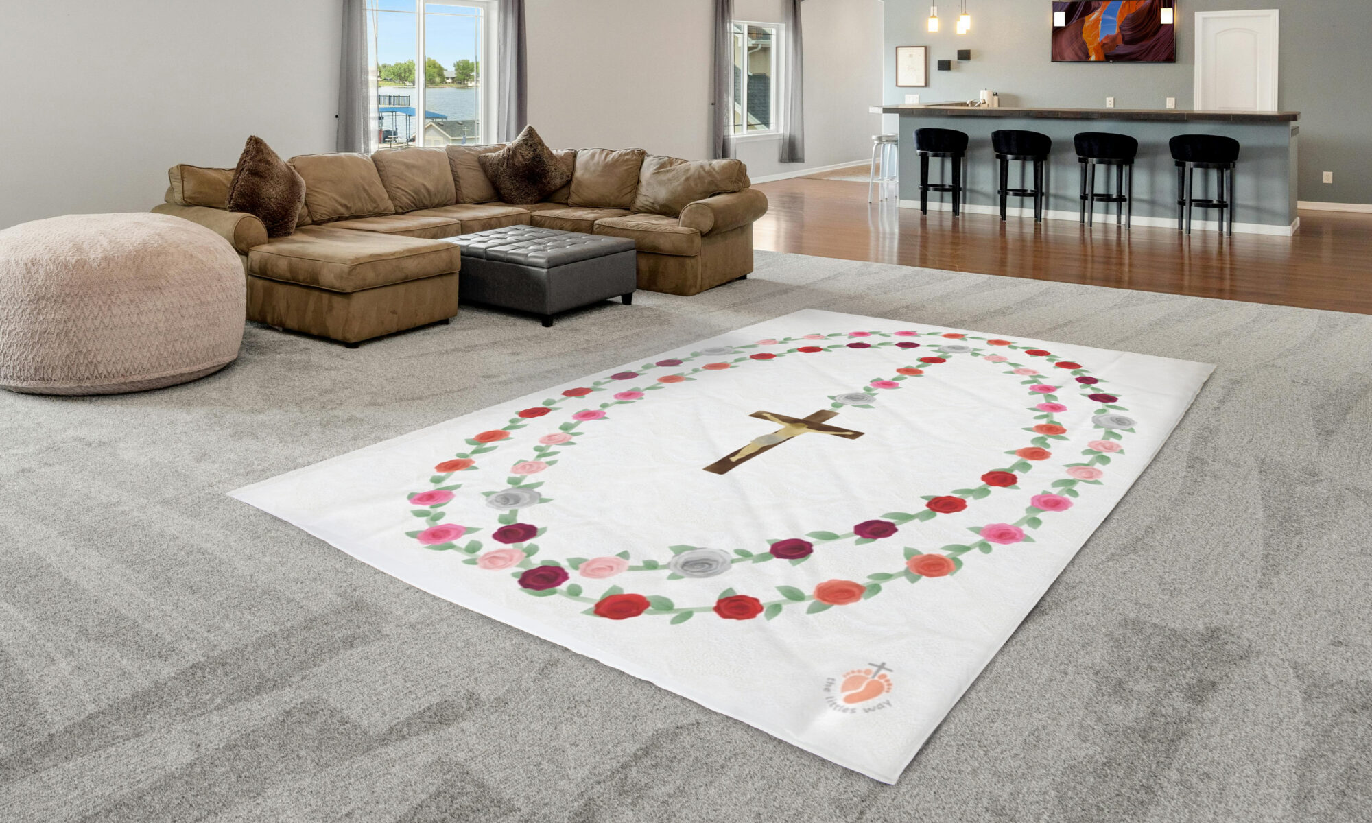 A walkable flowery rosary blanket in a living room